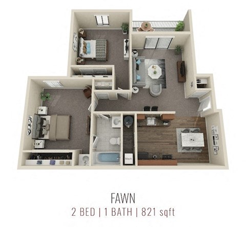 Floor plan for 2 beds, 1 bath, 821 sqft
